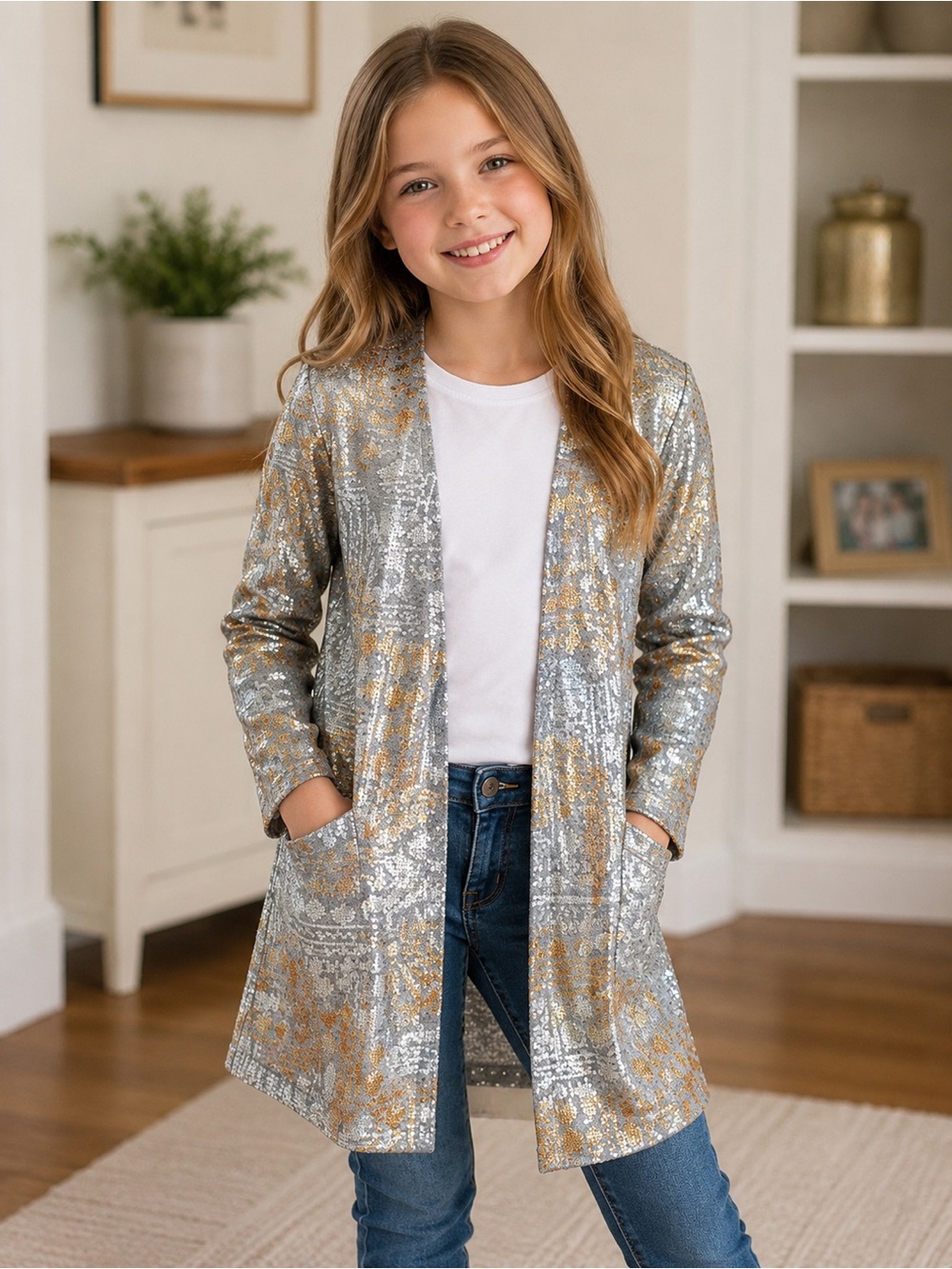 LuLaRoe Soraya Cardigan Size 8 Gold Silver Metallic Sparkle Pockets Discontinued